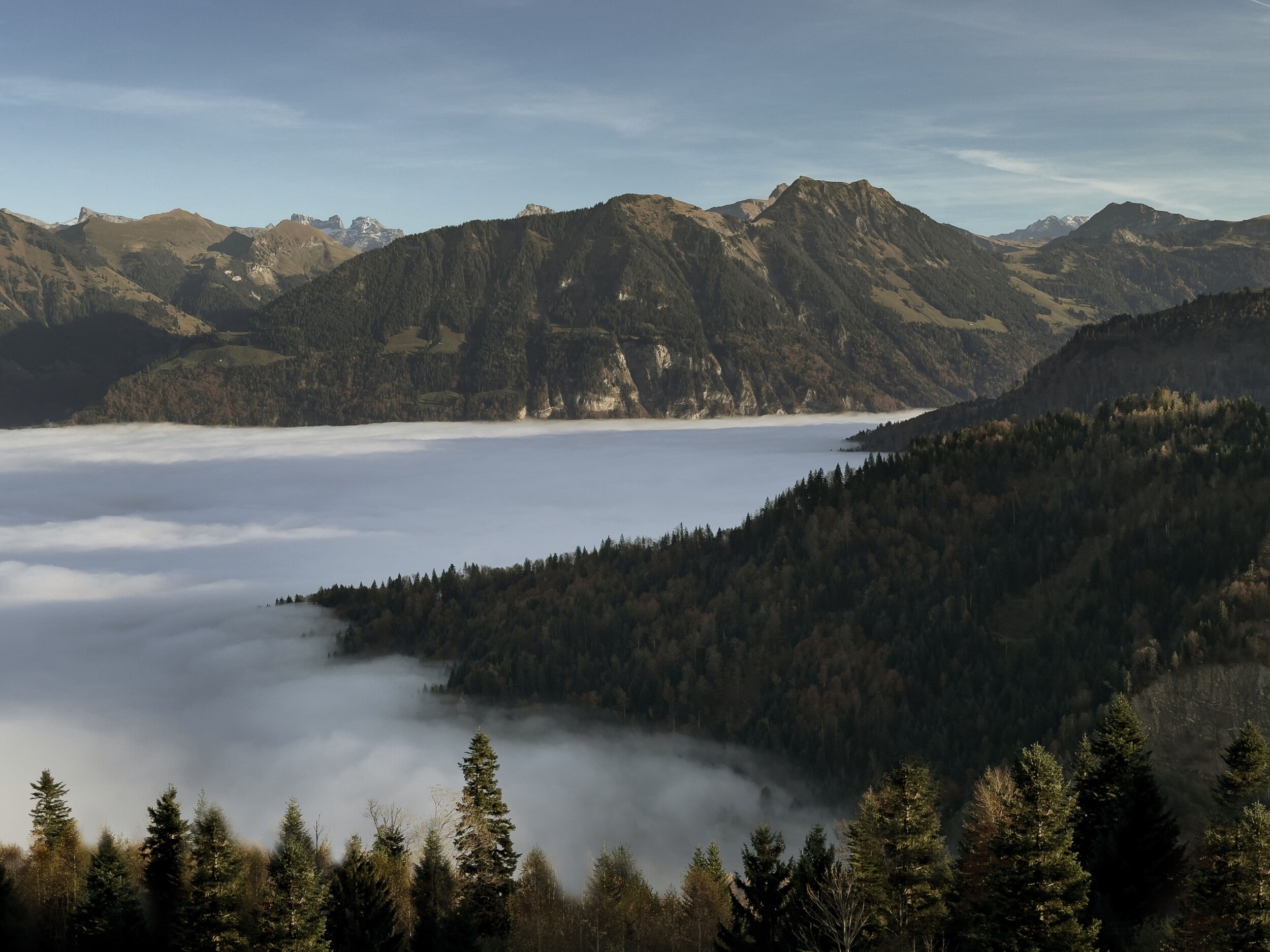 Nebliges Gebirgstal in der Zentral Schweiz